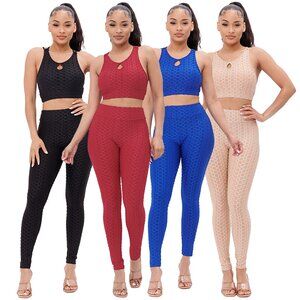 4-Pack Bundle Front Keyhole Honeycomb Detail Crop Top And Leggings